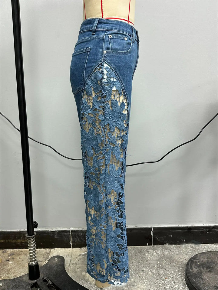 High Waist Wide Leg Pants Women Spring Summer Fashion Hollow Lace Denim Flowy Trousers Palazzo Pants