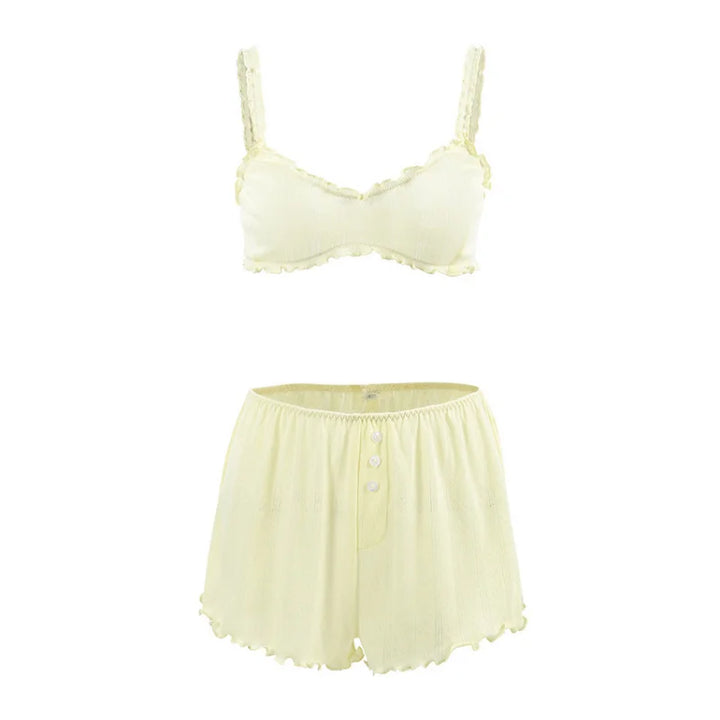 Yellow Knit Pajama Set for Women, 2-Piece Lace Camisole & Shorts, Jacquard Breathable & Soft, All-Season Home Loungewear