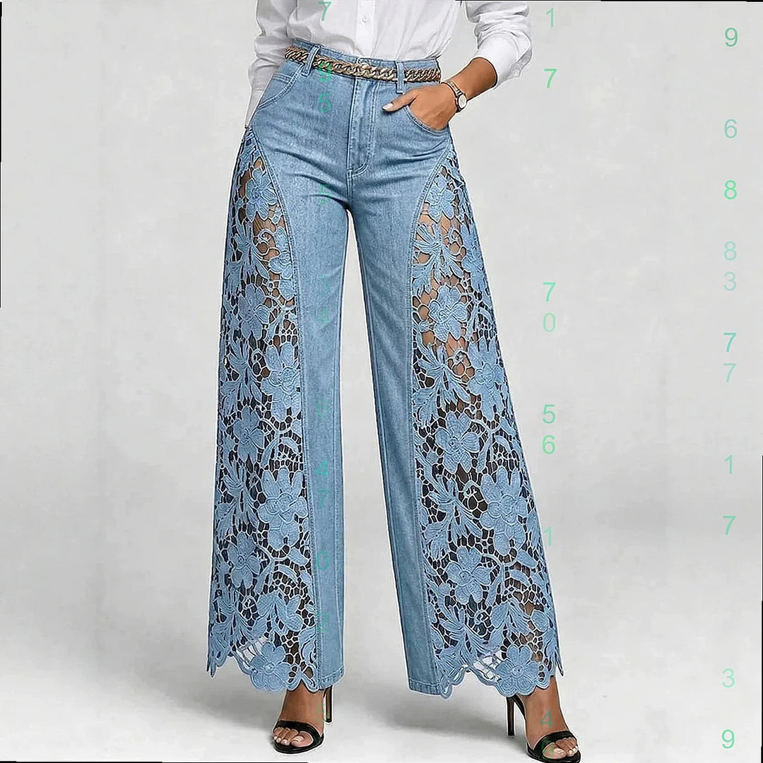 High Waist Wide Leg Pants Women Spring Summer Fashion Hollow Lace Denim Flowy Trousers Palazzo Pants