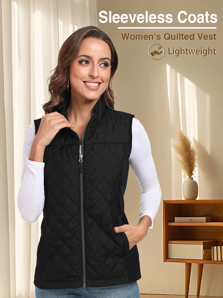 Womens Vest Tops Sleeveless Quilted Outerwear Jackets Stand Collar Zip up Lightweight Vests Spring Fall Winter Outfits