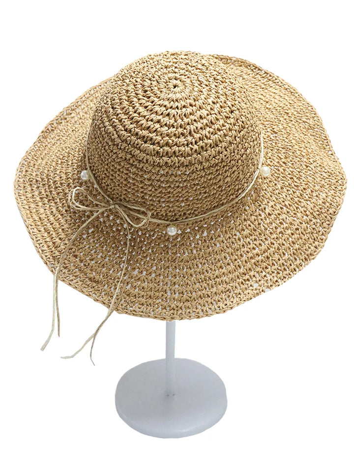 Women's Summer Woven Straw & Fabric Beach Hat - Wide-Brim UV Protection Sun Cap for Outdoor & Coastal Adventures