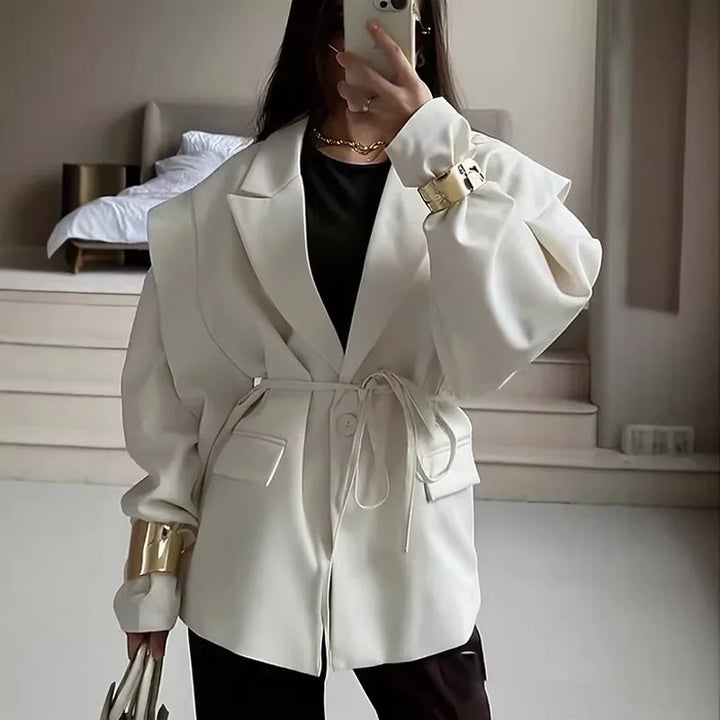 Oversized Blazer Jacket Women Casual Solid Turn Down Collar Lace Up Coat Autumn Fashion Design Street Commute Office Lady Jacket