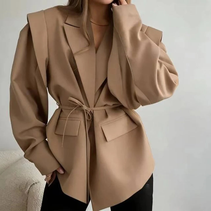 Oversized Blazer Jacket Women Casual Solid Turn Down Collar Lace Up Coat Autumn Fashion Design Street Commute Office Lady Jacket