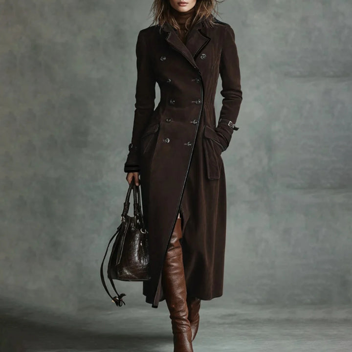 Trench Coat Women Chocolate Suede Double-Breasted Long Trench Coat Elegant Office Daily Outing 2026 Trendy Tops Nuevo Estilo