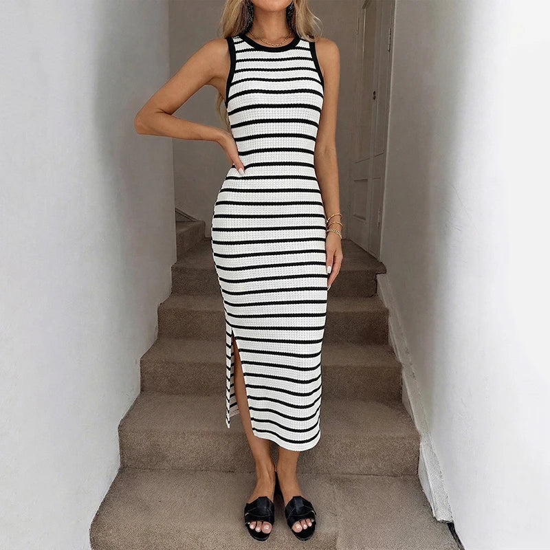 Sleeveless blouse-style dress, casual fitted knitted striped full-skirted dress with slit, women's A-line dress with slit