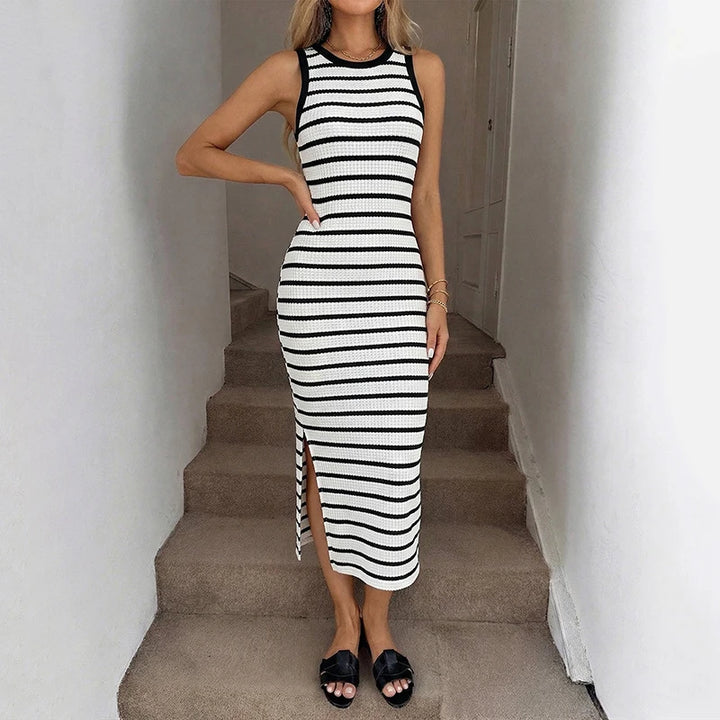 Sleeveless blouse-style dress, casual fitted knitted striped full-skirted dress with slit, women's A-line dress with slit