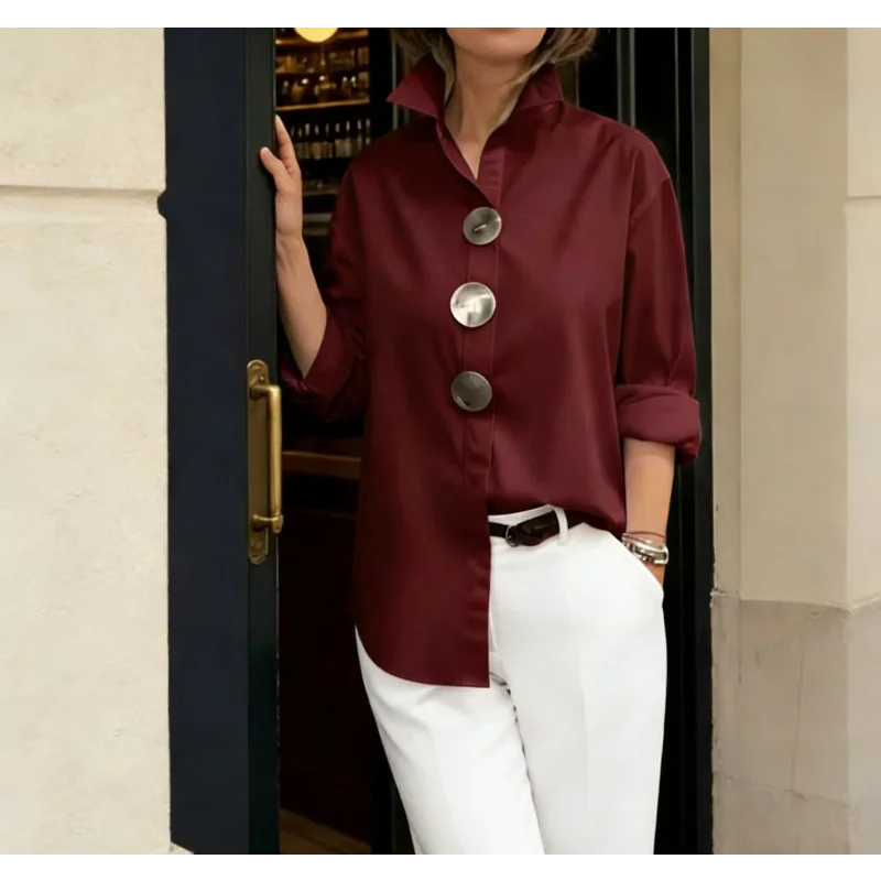 New Women's Oversized Button Down Shirt Turn Down Collar Long Sleeve Casual Loose Blouse Top