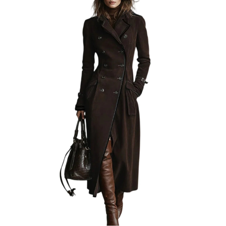Trench Coat Women Chocolate Suede Double-Breasted Long Trench Coat Elegant Office Daily Outing 2026 Trendy Tops Nuevo Estilo
