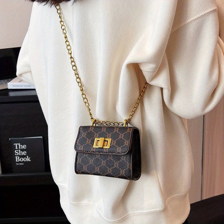 Stylish Mini Crossbody Bag with Geometric Pattern Faux Leather Buckle Closure Painted Edge Detail Faux Leather Lining Purse