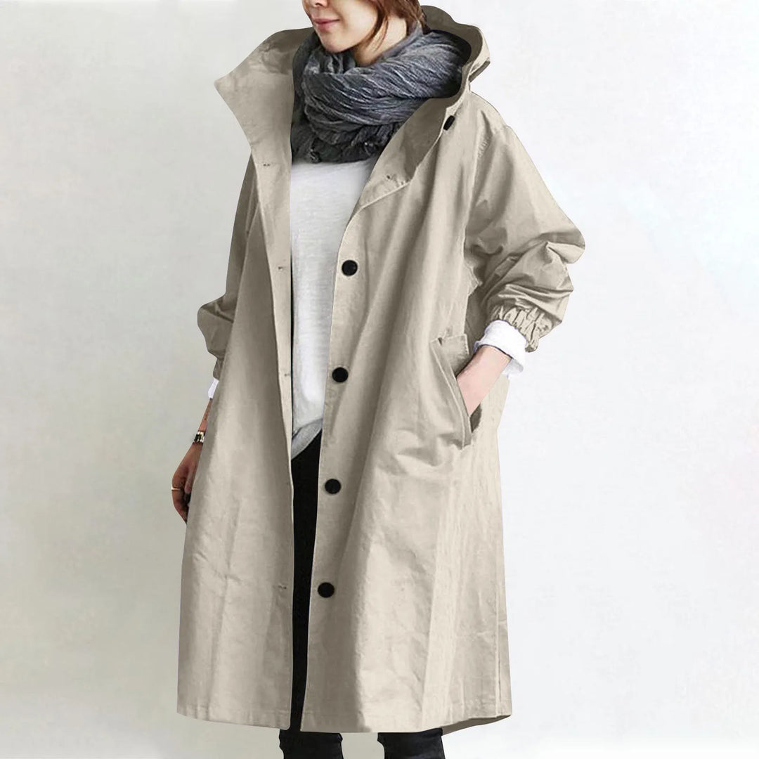 Trendy Women's Long Trench Coat Women's Solid Color Elegant Windbreaker Loose Comfortable Hooded Temperament Ladies Raincoat