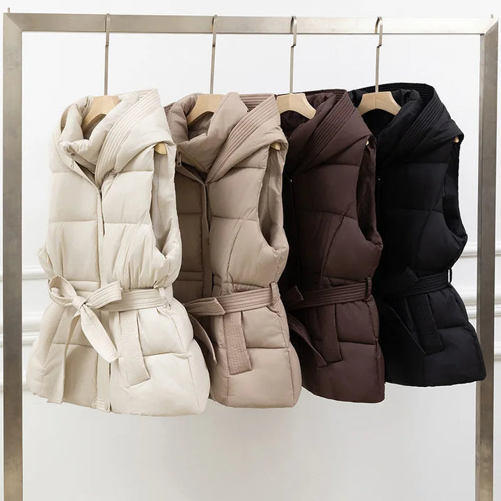 2025 New Women's Quilted Puffer Vest Thicken Warm Winter Hooded Coat Solid Sleeveless Padded Outwear Cropped Button Zip Up Coat