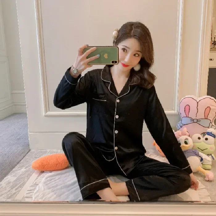 Womens Silk Satin Pajamas Set Sleepwear Pijama Women's Loungewear Pajamas Suit Female Sleep Two Piece Set Feminino Fofo Pyjamas