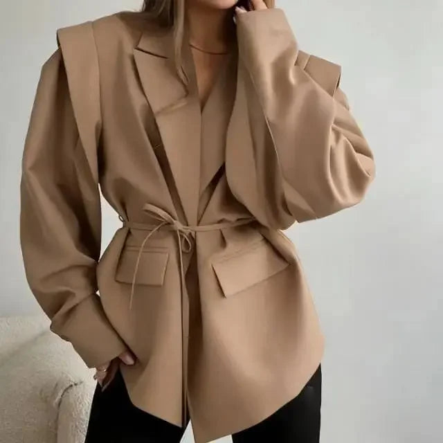 Oversized Blazer Jacket Women Casual Solid Turn Down Collar Lace Up Coat Autumn Fashion Design Street Commute Office Lady Jacket