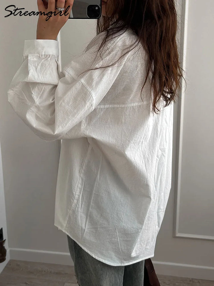 White Basic Oversized Button Up Shirts Women Summer Cotton Office Wear Loose Blouses Female Yellow Shirt Long Sleeve For Women