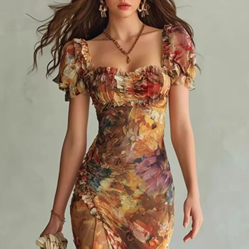 Boho Floral Maxi Dress Woman Spring Sexy Square Collar Ruched Split Bodycon Long Dress New Summer Puff Sleeve Ruffle Party Dress