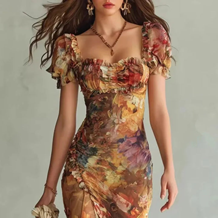 Boho Floral Maxi Dress Woman Spring Sexy Square Collar Ruched Split Bodycon Long Dress New Summer Puff Sleeve Ruffle Party Dress