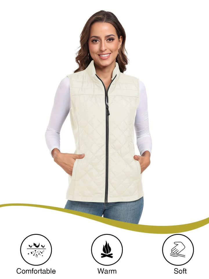 Womens Vest Tops Sleeveless Quilted Outerwear Jackets Stand Collar Zip up Lightweight Vests Spring Fall Winter Outfits