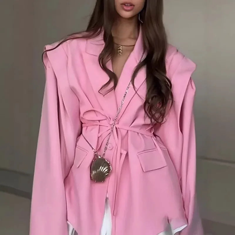 Oversized Blazer Jacket Women Casual Solid Turn Down Collar Lace Up Coat Autumn Fashion Design Street Commute Office Lady Jacket