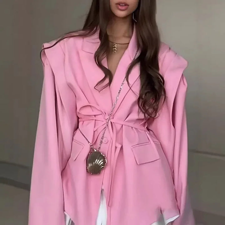 Oversized Blazer Jacket Women Casual Solid Turn Down Collar Lace Up Coat Autumn Fashion Design Street Commute Office Lady Jacket