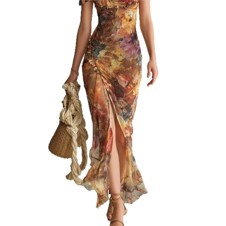 Boho Floral Maxi Dress Woman Sexy Square Collar Ruched Split Bodycon Long Dress New Summer Puff Sleeve Ruffle Party Dress