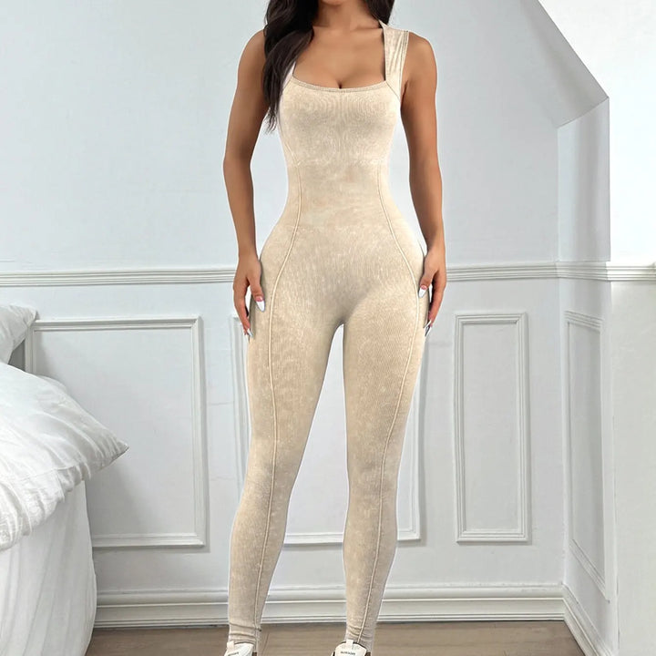 Women Washed Ribbed Yoga Bodysuit, Square Neck Sleeveless Workout Jumpsuit, High Waist Tummy Control Fitness Outfit