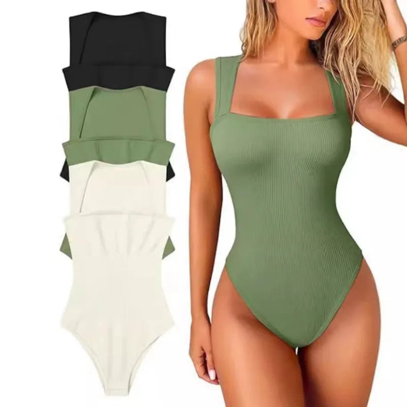 Women Ribbed Square Neck Bodysuit Hot Sale Sleeveless Seamless Tank Top Bodycon Shapewear  Control Casual Streetwear Y2k Clothes