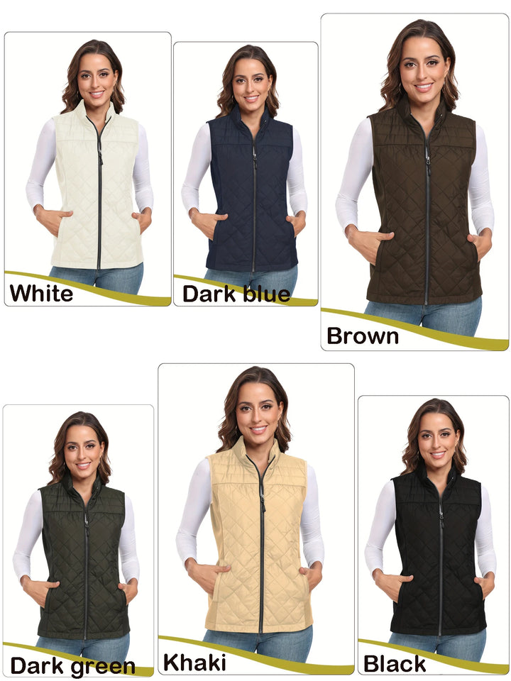 Womens Vest Tops Sleeveless Quilted Outerwear Jackets Stand Collar Zip up Lightweight Vests Spring Fall Winter Outfits