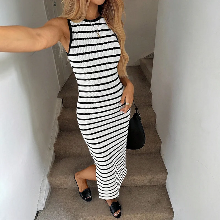 Sleeveless blouse-style dress, casual fitted knitted striped full-skirted dress with slit, women's A-line dress with slit
