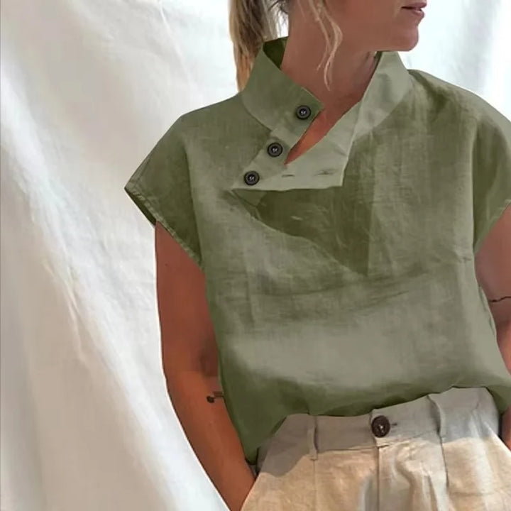 Fashion Cotton Linen T Shirt Lightweight Women's Shirt Round Slit Button Down Collar Short Sleeve Solid Top Casual Tops