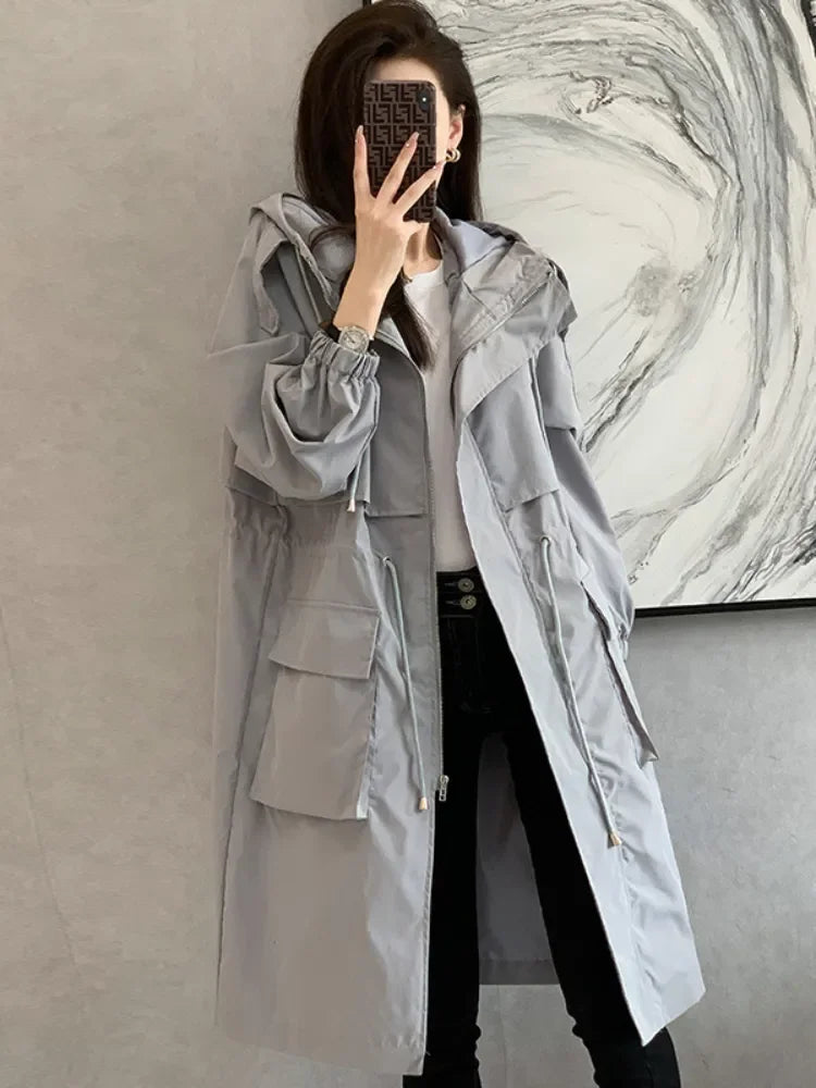 Korean Fashion Trench Coat for Women Spring Autumn Solid Hooded Windbreaker Long Coat Jackets Women Clothing Long Sleeved Tops