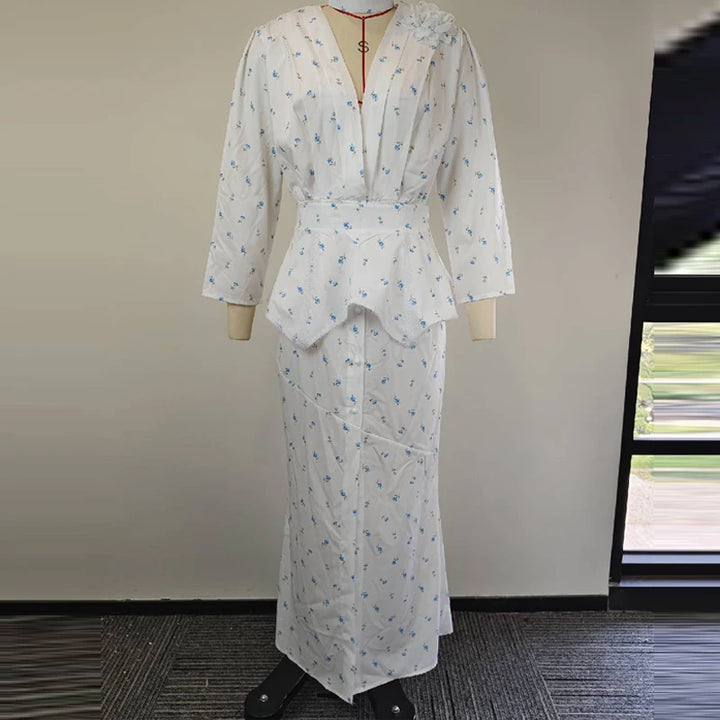 Fashion Floral Print Button Wrap Hip Dress Elegant V-neck Chic Mermaid Party Dress Casual Long Sleeve Lady Split Slim Long Dress