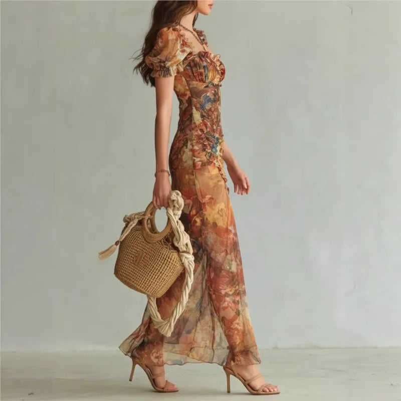 Boho Floral Maxi Dress Woman Sexy Square Collar Ruched Split Bodycon Long Dress New Summer Puff Sleeve Ruffle Party Dress