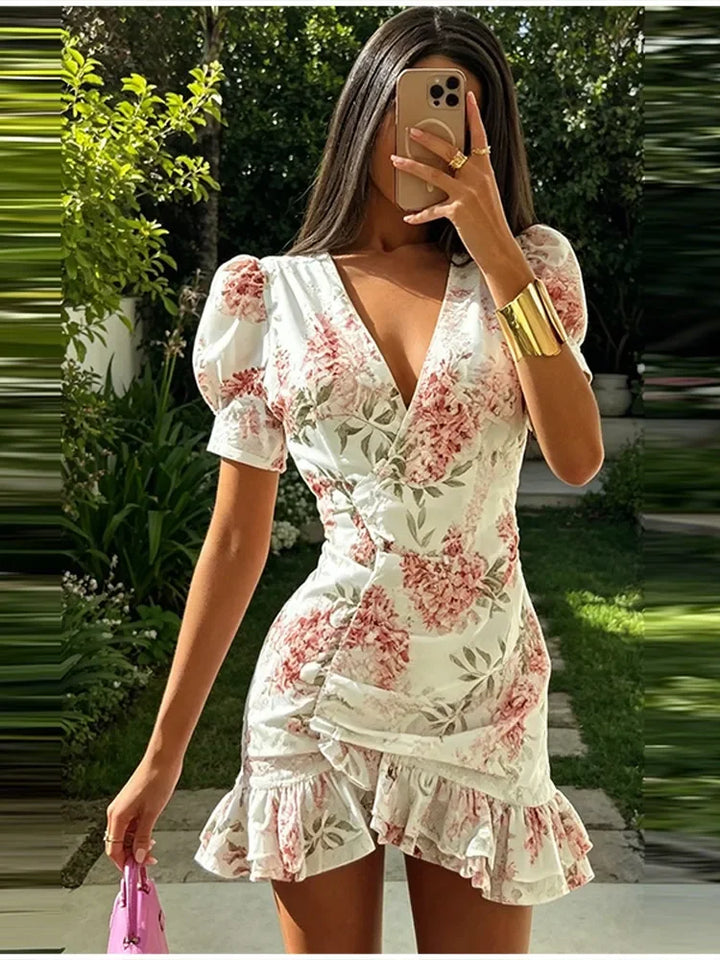 Floral Printed Wrap Mini Dress Ladies V Neck Bubble Sleeve Side Ruched Detail Tiered Ruffle Hem  Vacation Cocktail Party Outfit