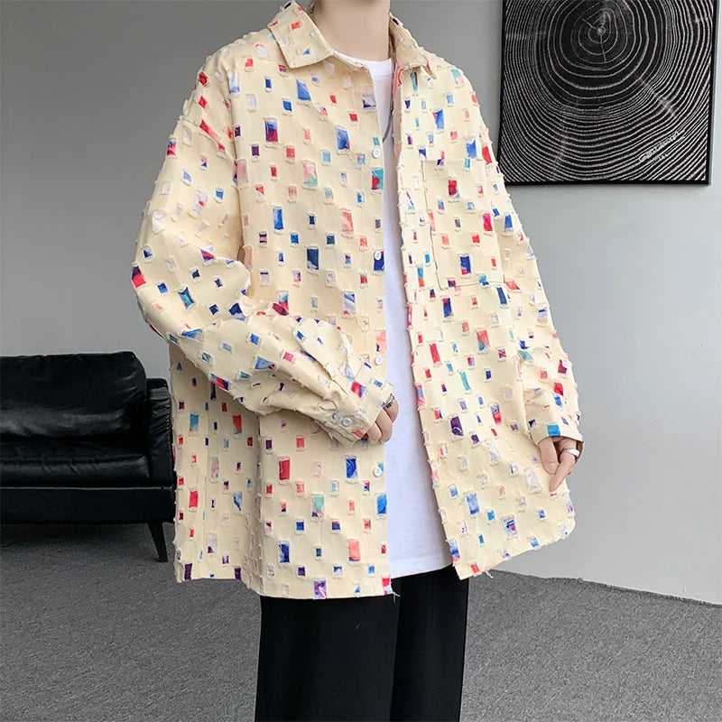 Oversized Colorful Plaid Shirt Mens Cotton Hollow Out Shirts Men Streetwear Loose Casual Long Sleeve Hole Patch Shirts M-5XL