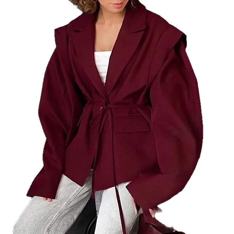 Oversized Blazer Jacket Women Casual Solid Turn Down Collar Lace Up Coat Autumn Fashion Design Street Commute Office Lady Jacket