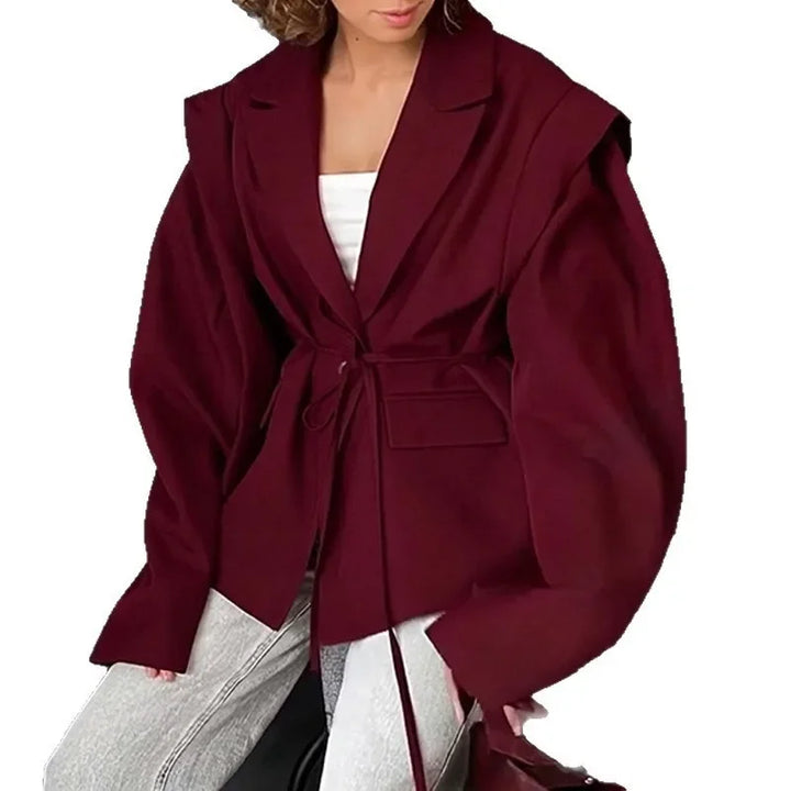 Oversized Blazer Jacket Women Casual Solid Turn Down Collar Lace Up Coat Autumn Fashion Design Street Commute Office Lady Jacket