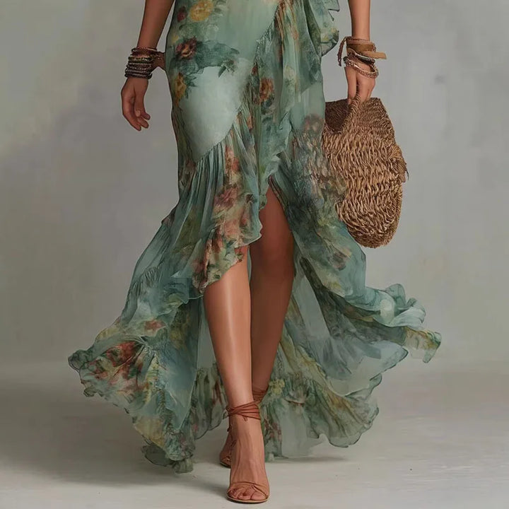Vintage Floral Print Wrap Dresses Women V Neck Bell Sleeve Cinched Waist Asymmetrical Split Maxi Dress Boho Vacation Party Dress