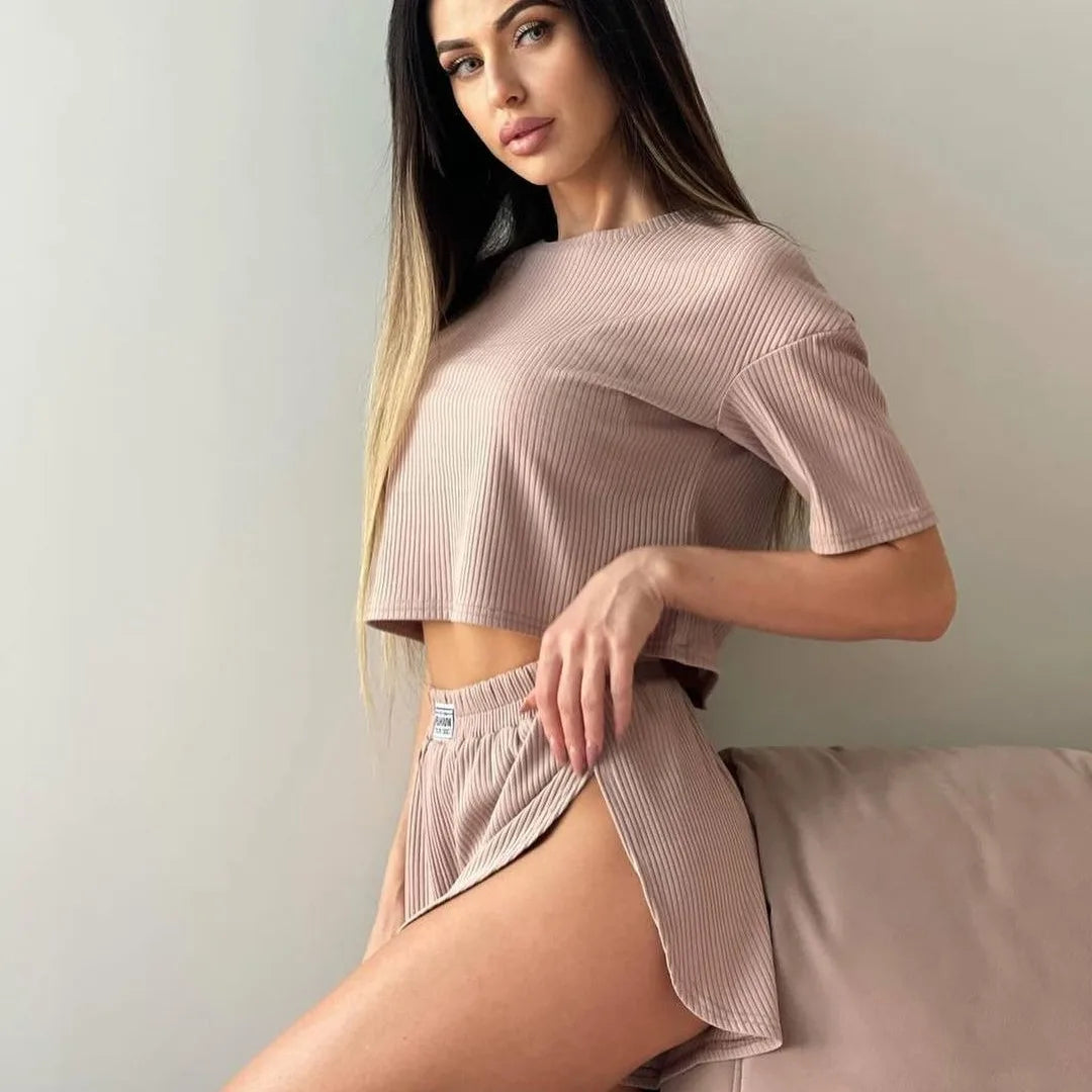 Women's Ribbed 2-Piece Loungewear Set, Crop Top & Shorts Pajama Set, Soft Sleepwear for Daily Lounge