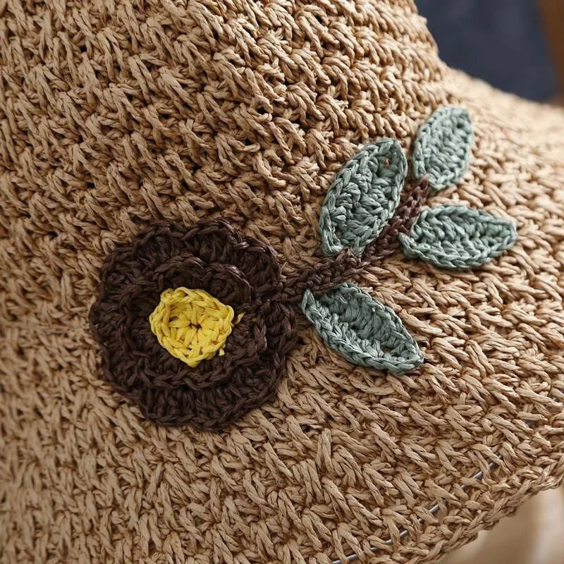Summer Straw Hat for Women Hand-woven Flower Patterns Sunhat Elegant Ladies Party Dress Cap Travel Beach Breathable Panama Hats