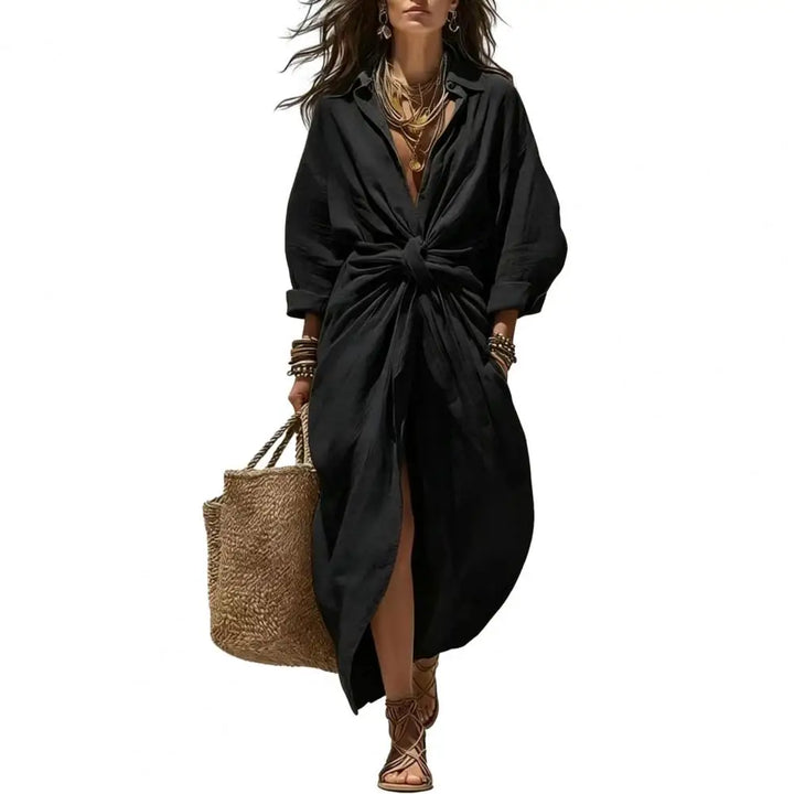 Maxi Shirt Dress for Women V Neck Long Sleeve Ruffled Tie Waist Boho Long Dress, High Slit A-line Loose Flowy Dress with Pockets