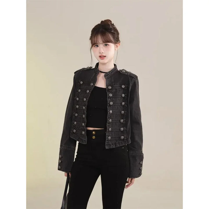 Women's American Retro Denim Military Inspired Cropped Jacket Long Sleeve Stand Collar Casual Motorcycle Coat
