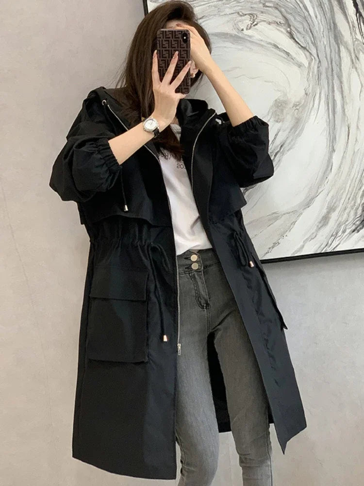 Korean Fashion Trench Coat for Women Spring Autumn Solid Hooded Windbreaker Long Coat Jackets Women Clothing Long Sleeved Tops