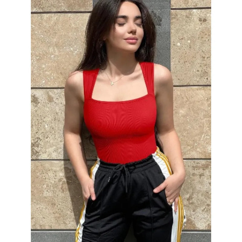 Women Ribbed Square Neck Bodysuit Hot Sale Sleeveless Seamless Tank Top Bodycon Shapewear  Control Casual Streetwear Y2k Clothes