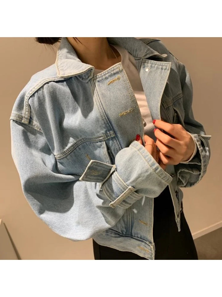 Women's Fashionable Cropped Denim Jacket Spring Autumn Turn-Down Collar Long Sleeve Oversized Loose Fit Outerwear