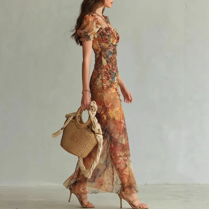 Boho Floral Maxi Dress Woman Spring Sexy Square Collar Ruched Split Bodycon Long Dress New Summer Puff Sleeve Ruffle Party Dress