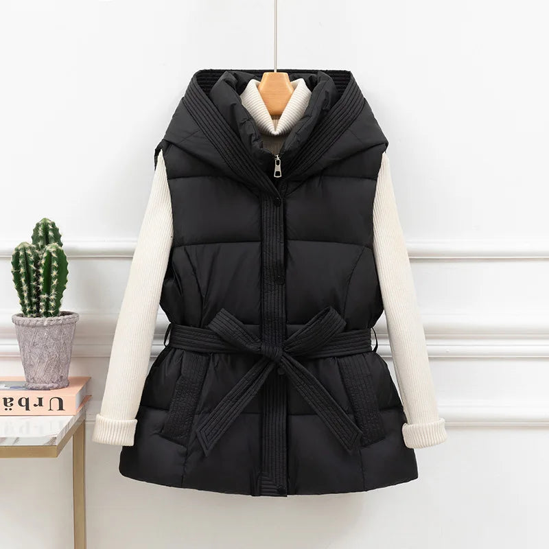 2025 New Women's Quilted Puffer Vest Thicken Warm Winter Hooded Coat Solid Sleeveless Padded Outwear Cropped Button Zip Up Coat