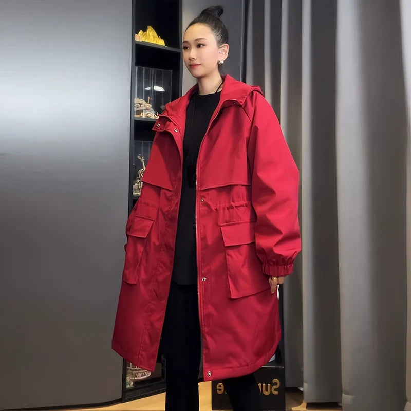 Korean Fashion Trench Coat for Women Spring Autumn Solid Hooded Windbreaker Long Coat Jackets Women Clothing Long Sleeved Tops