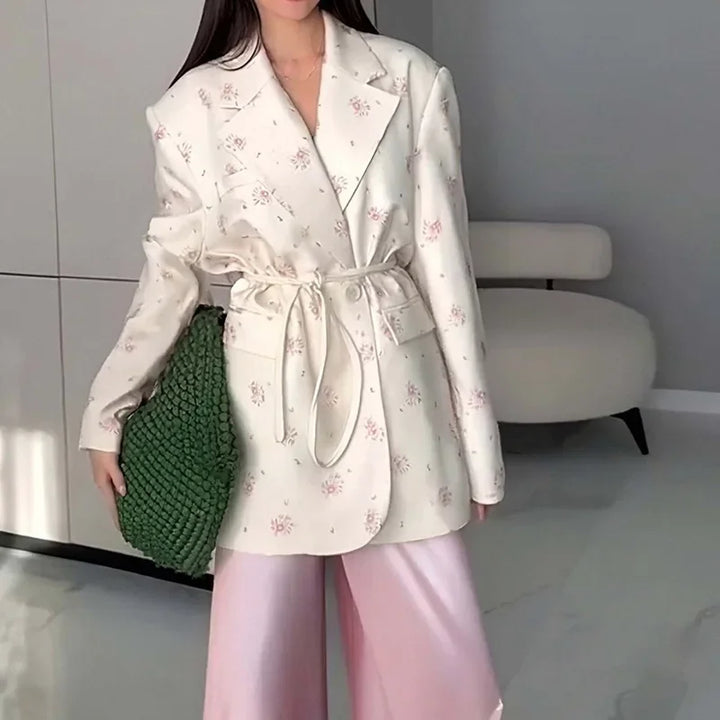 Oversized Blazer Jacket Women Casual Solid Turn Down Collar Lace Up Coat Autumn Fashion Design Street Commute Office Lady Jacket