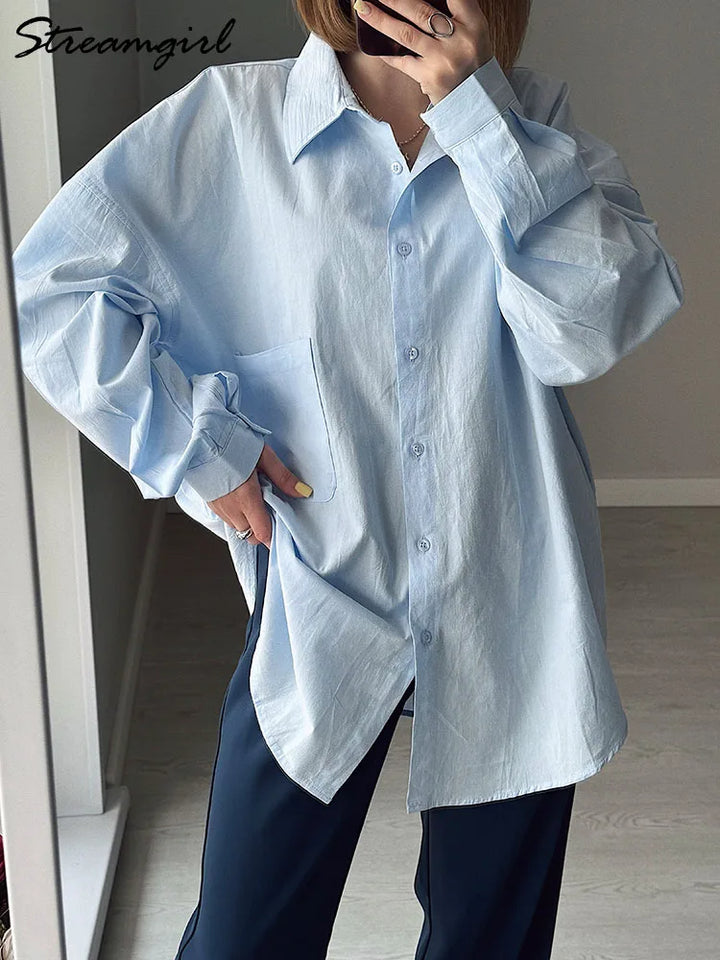 White Basic Oversized Button Up Shirts Women Summer Cotton Office Wear Loose Blouses Female Yellow Shirt Long Sleeve For Women