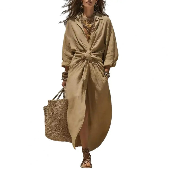 Maxi Shirt Dress for Women V Neck Long Sleeve Ruffled Tie Waist Boho Long Dress, High Slit A-line Loose Flowy Dress with Pockets